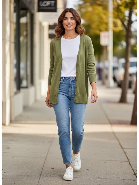 Loft Outlet Sweaters - Loft Outlet Womens Olive Green Button-Up Cardigan M 100% Cotton Lightweight